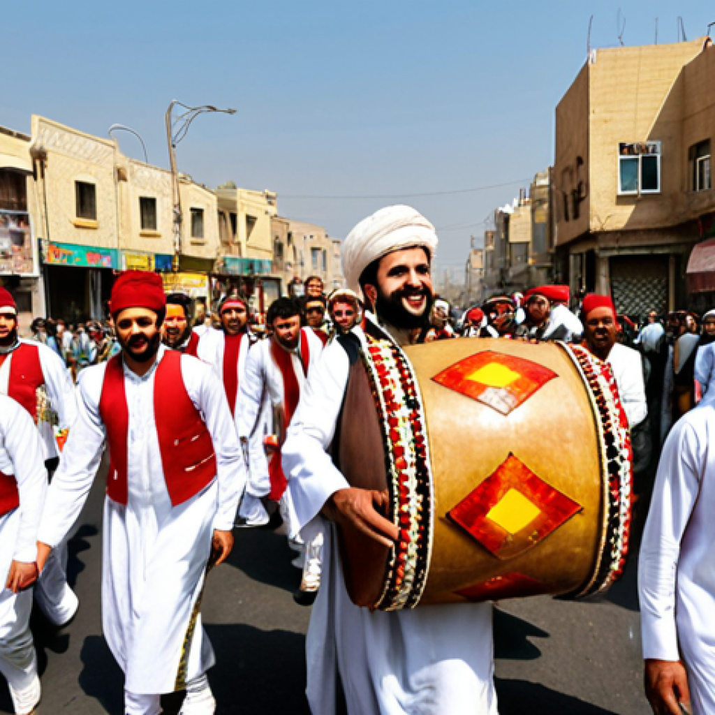Zeffa Ceremony**
A vibrant Iraqi "Zeffa" procession, with the groom leading, surrounded by jubilant men in traditional attire. Drummers (tabla) and zurna players fill the air with festive music as the procession moves through bustling city streets. Onlookers cheer and throw rice and colorful sweets, creating an atmosphere of immense joy and cultural celebration.

**