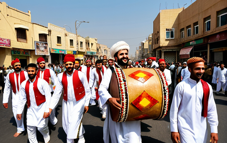 Zeffa Ceremony**
A vibrant Iraqi "Zeffa" procession, with the groom leading, surrounded by jubilant men in traditional attire. Drummers (tabla) and zurna players fill the air with festive music as the procession moves through bustling city streets. Onlookers cheer and throw rice and colorful sweets, creating an atmosphere of immense joy and cultural celebration.

**